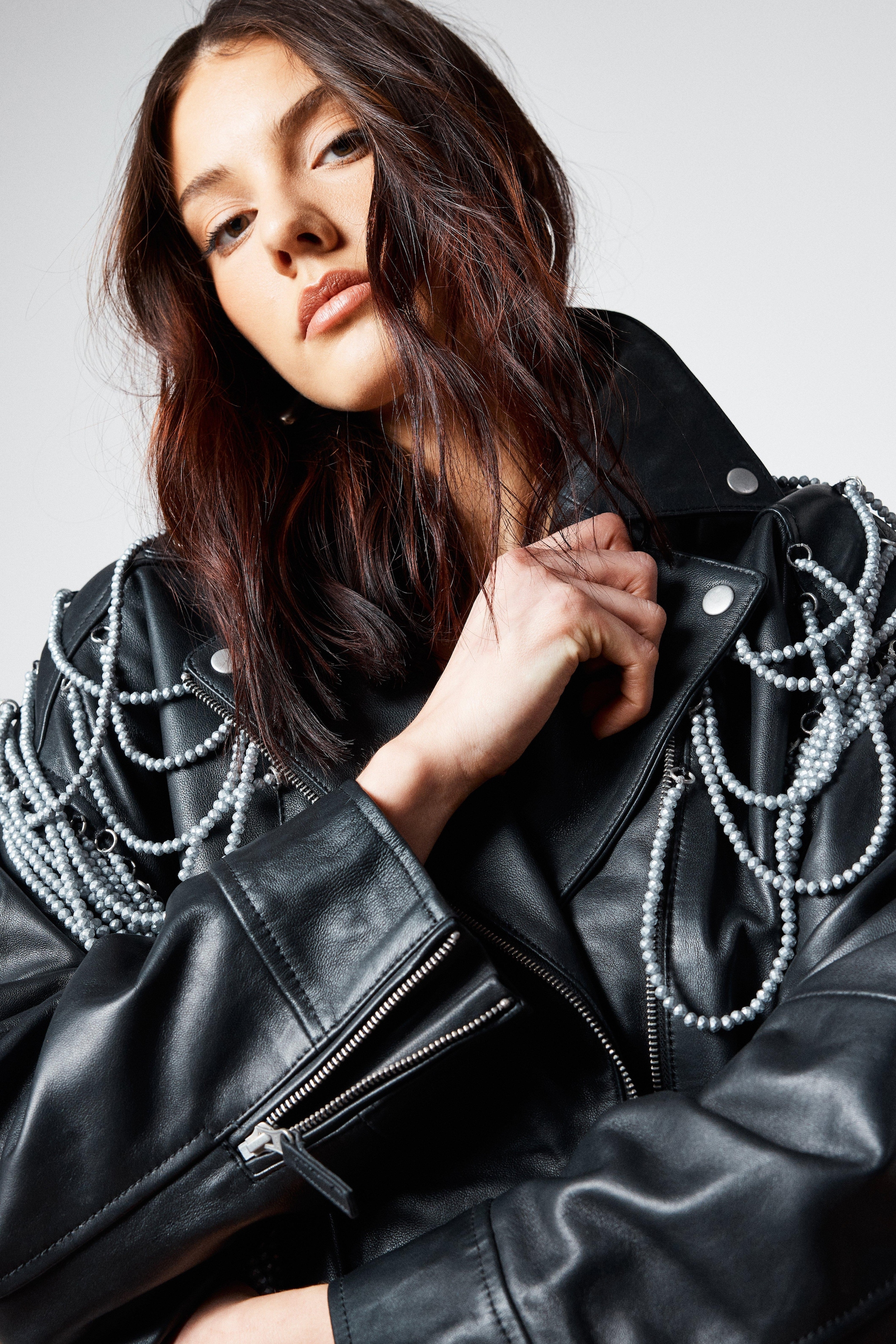 NastyGal Real Leather Pearl Trim Detail Jacket Black image 3