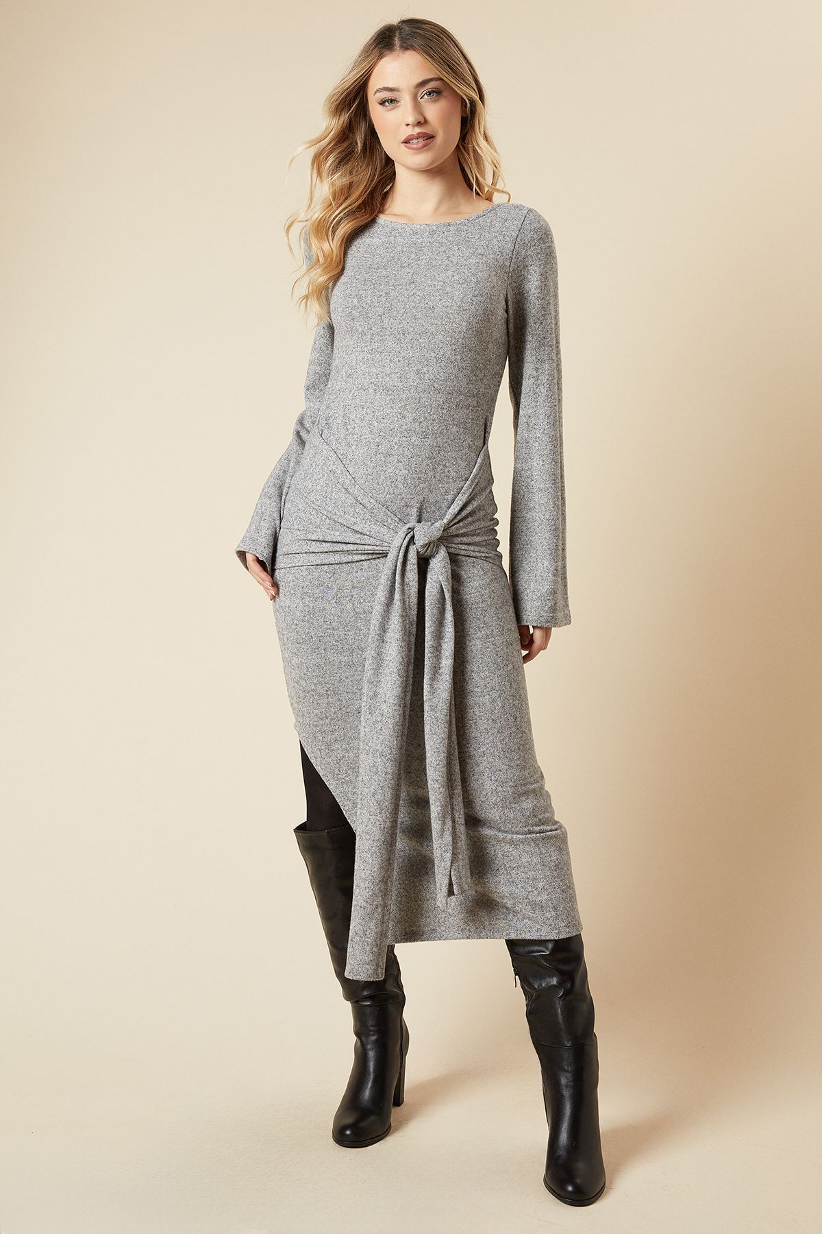 Dorothy Perkins Brushed Tie Front Midi Dress Grey