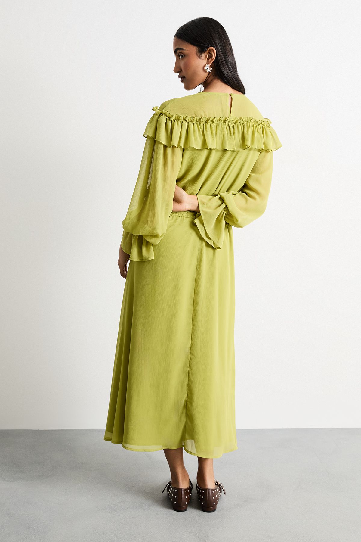 Warehouse Ruffle Shoulder Detail V Neck Boho Maxi Dress Chartreuse image 3