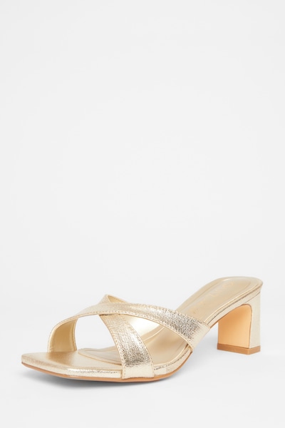 Quiz Gold Wide Fit Cross Strap Mule Heels