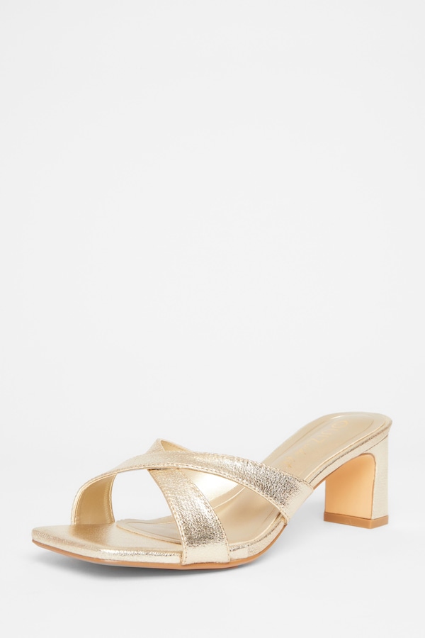 Quiz Gold Wide Fit Cross Strap Mule Heels