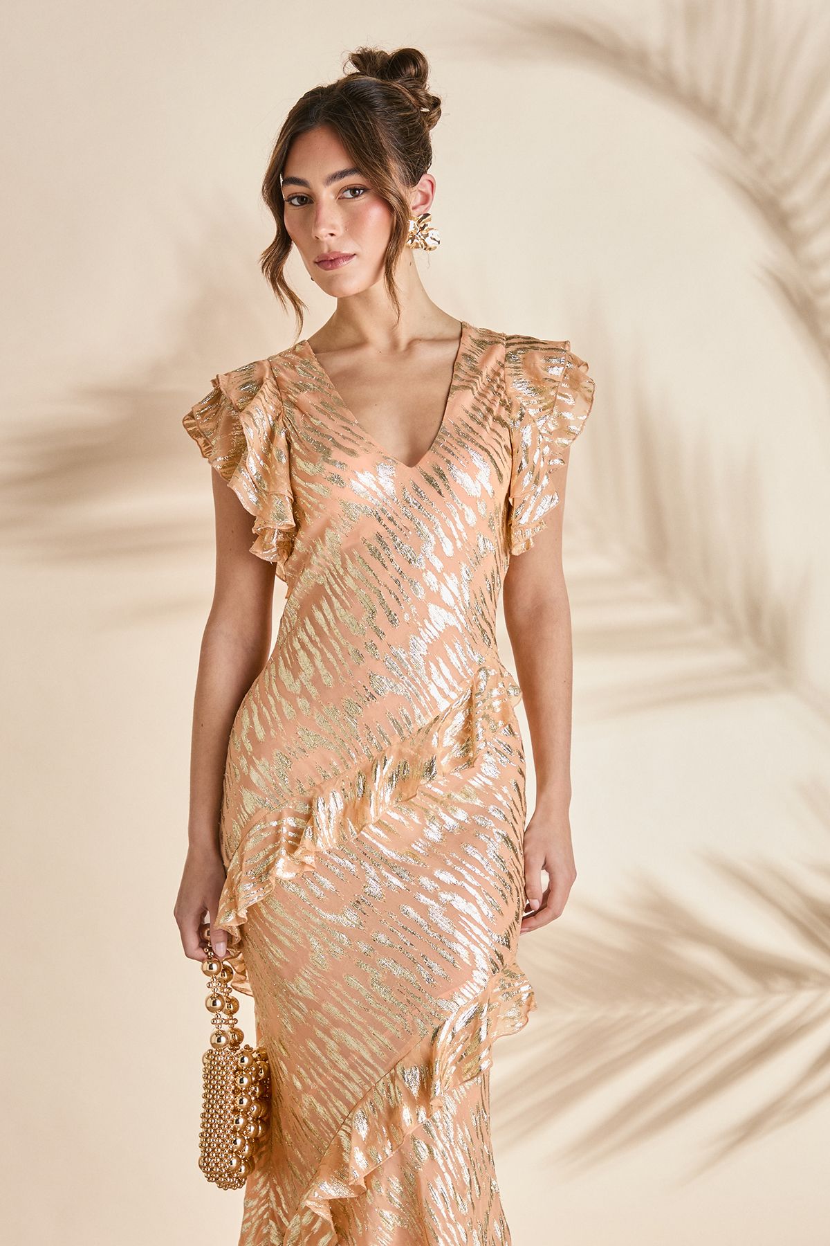 Coast Metallic Jacquard Frill Midi Dress Apricot image 2