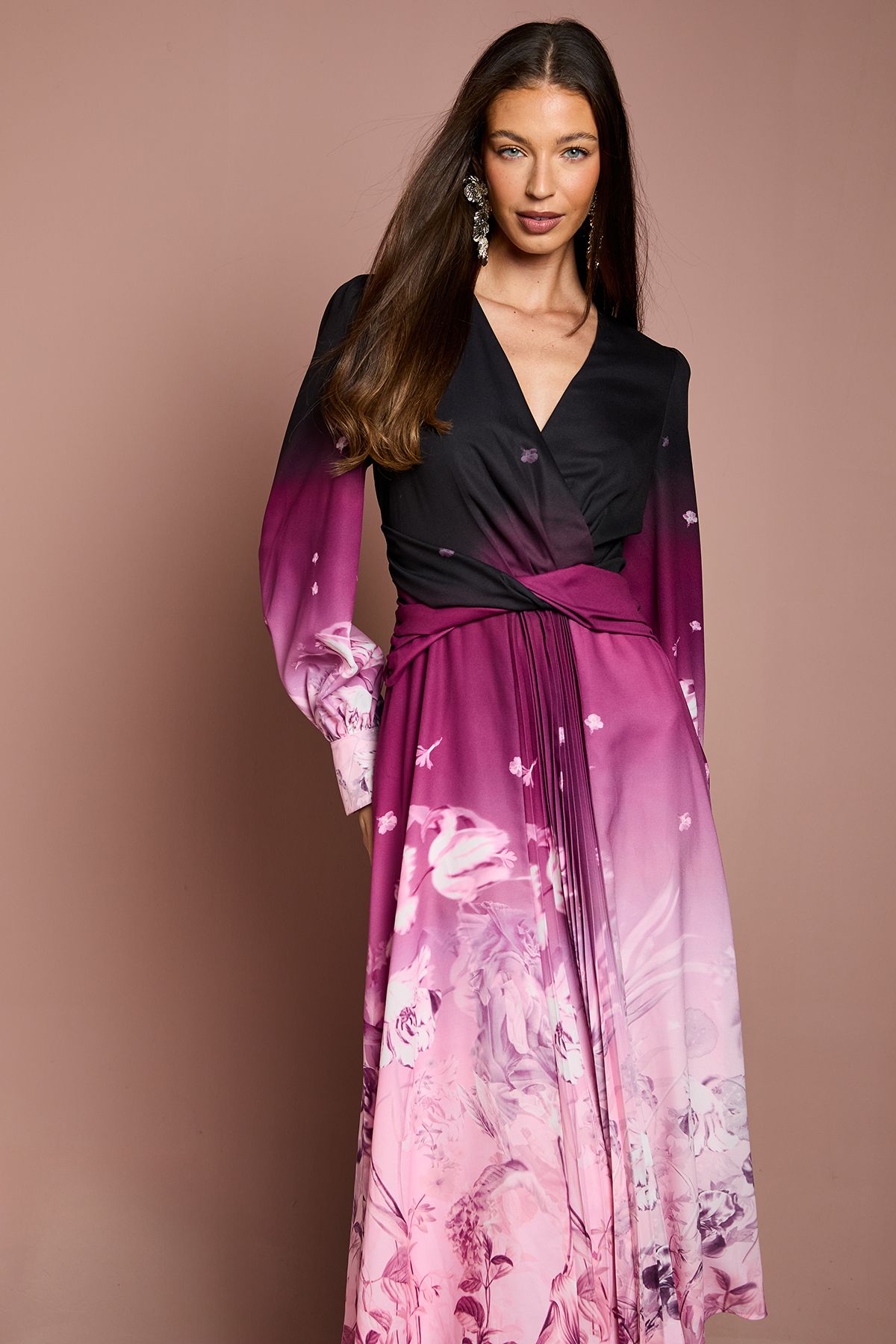 Coast Pleat Waist Boarder Print Organza Midi Dress Berry image 2