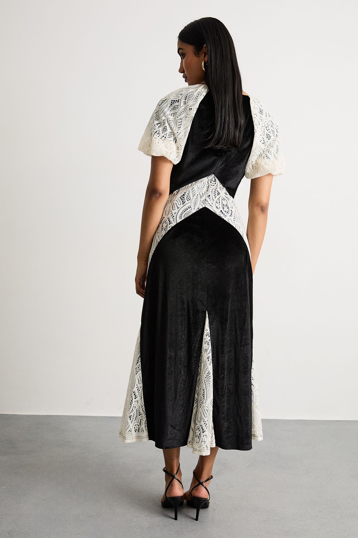 Warehouse Velvet Lace Panelled Midi Tea Dress Black image 3