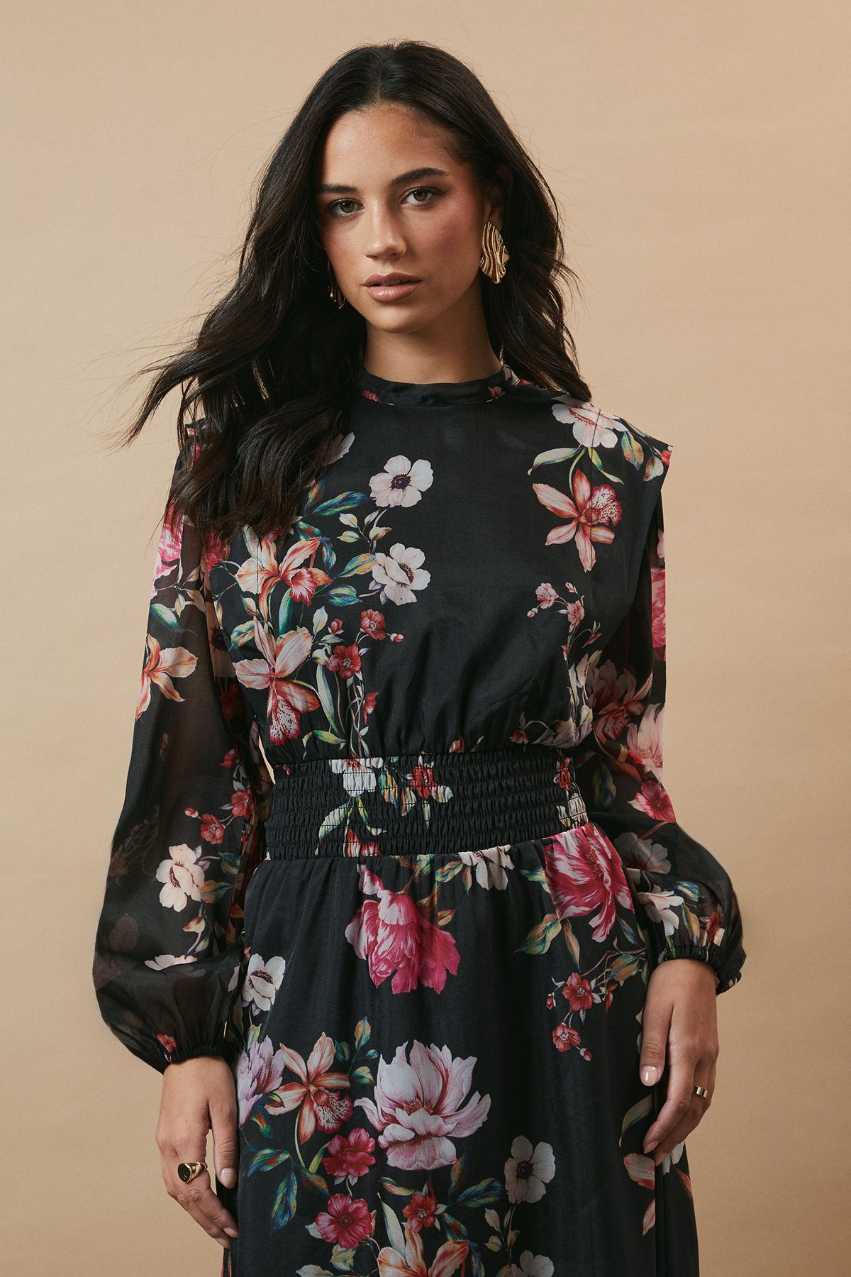 Oasis Floral Organza Shirred Waist Tie Back Midi Dress Black image 2