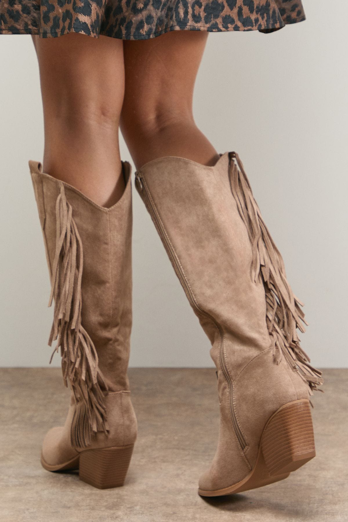 Oasis Myra Faux Suede Fringe Detail Western Cowboy Calf Boots Taupe image 4