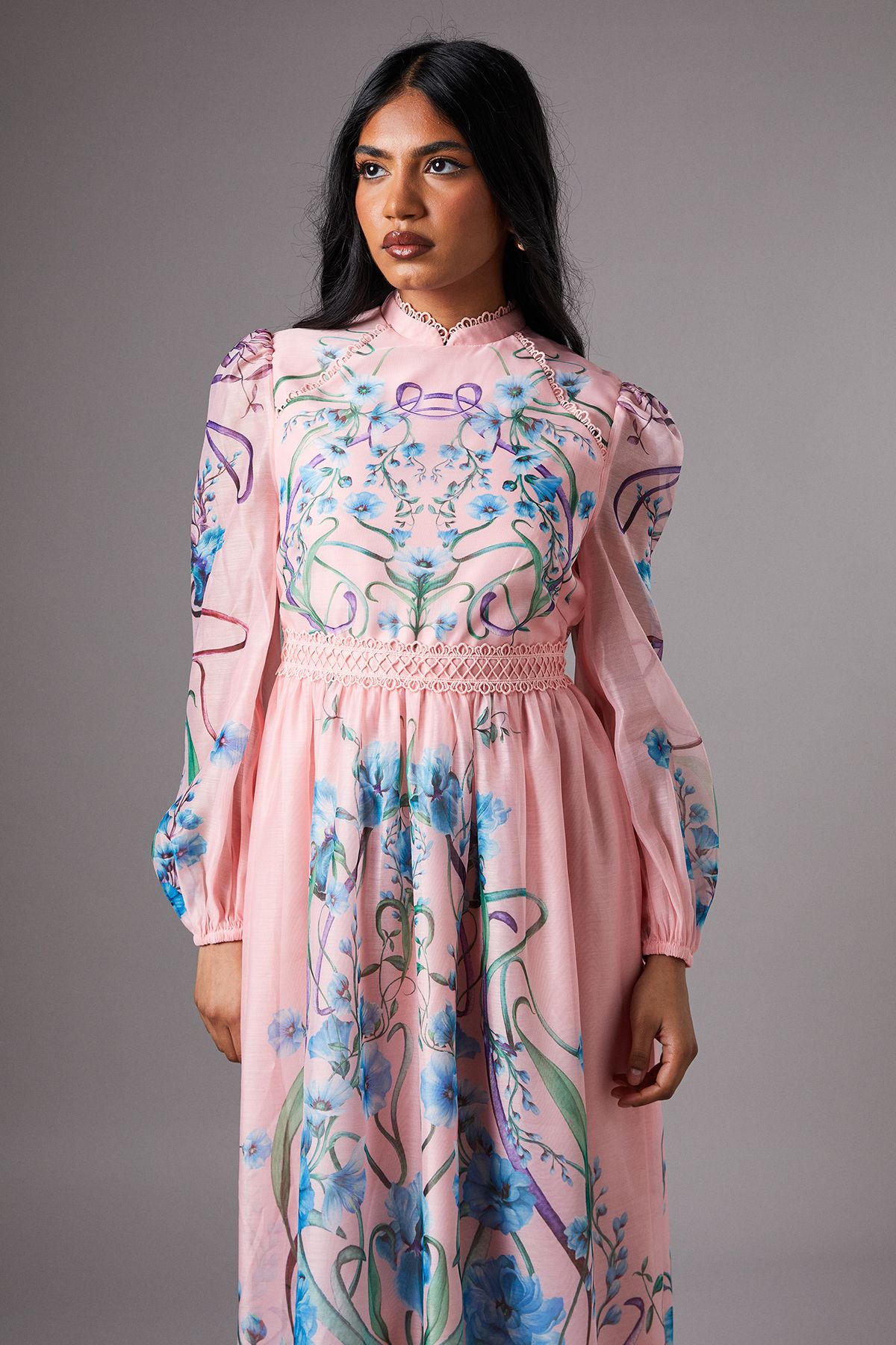 Coast Petite Burnout Printed Midi Dress With Blouson Sleeve Pink image 2