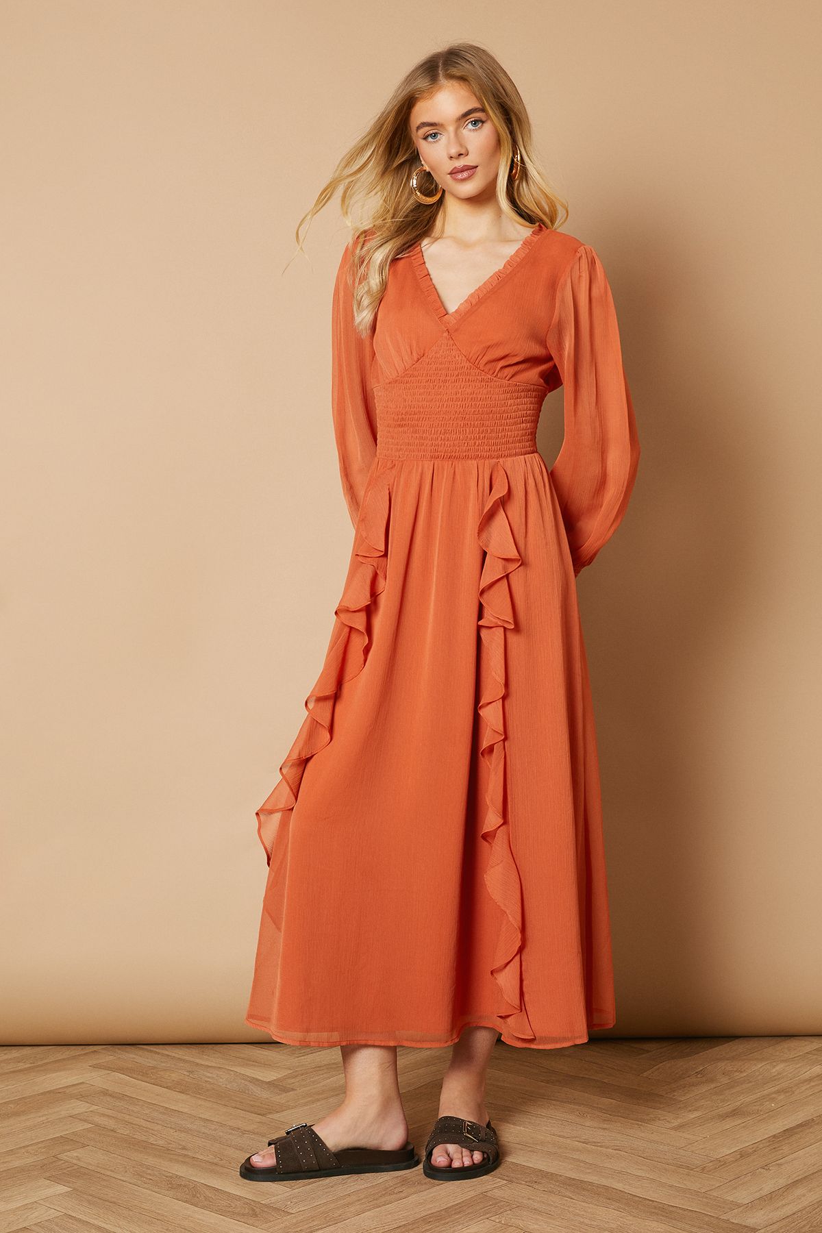 Oasis Plain Ruffle Detail Shirred Waist Midaxi Dress Ginger image 1