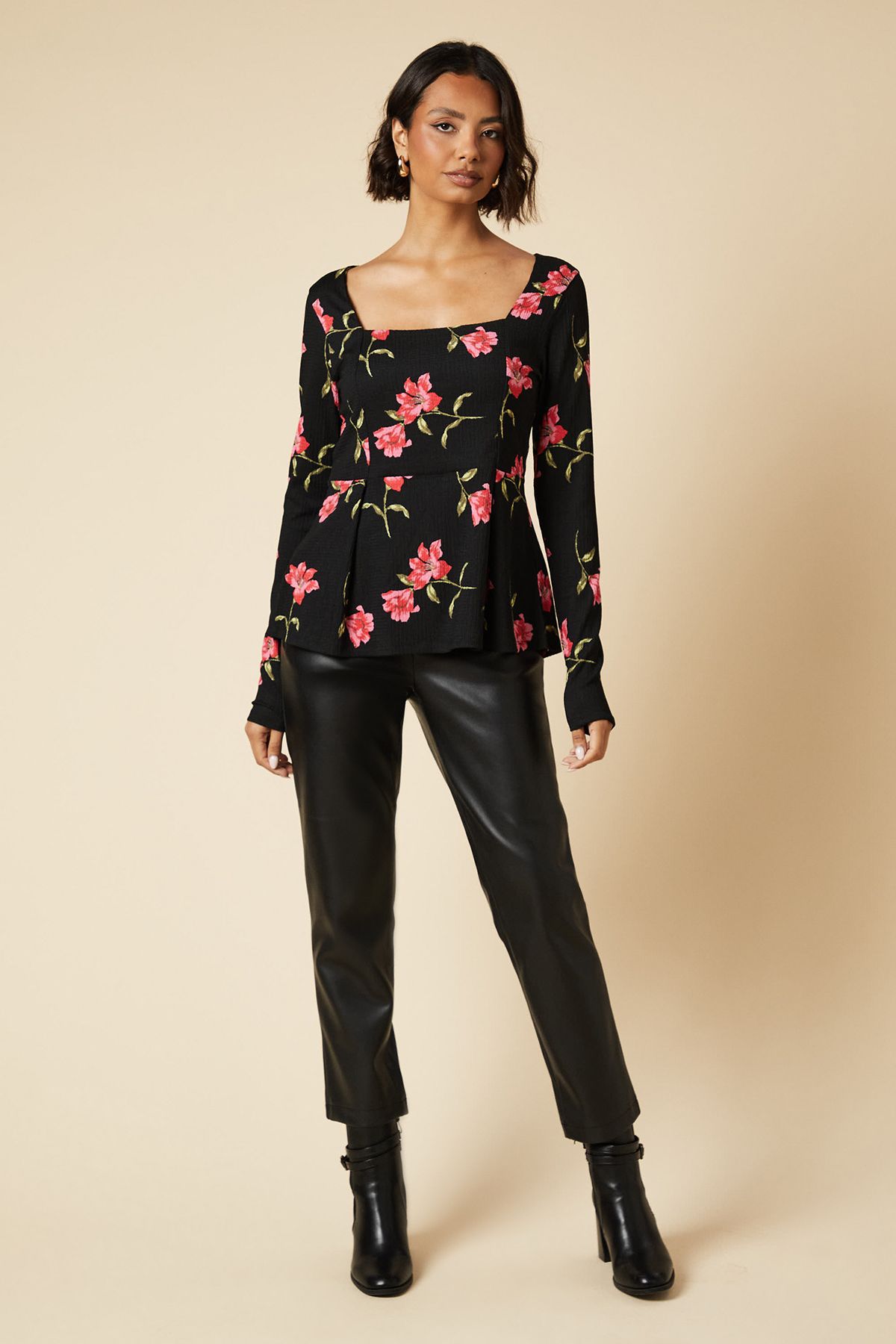 Dorothy Perkins Tall large pink floral Pleated Front peplum long sleeve top Floral image 2