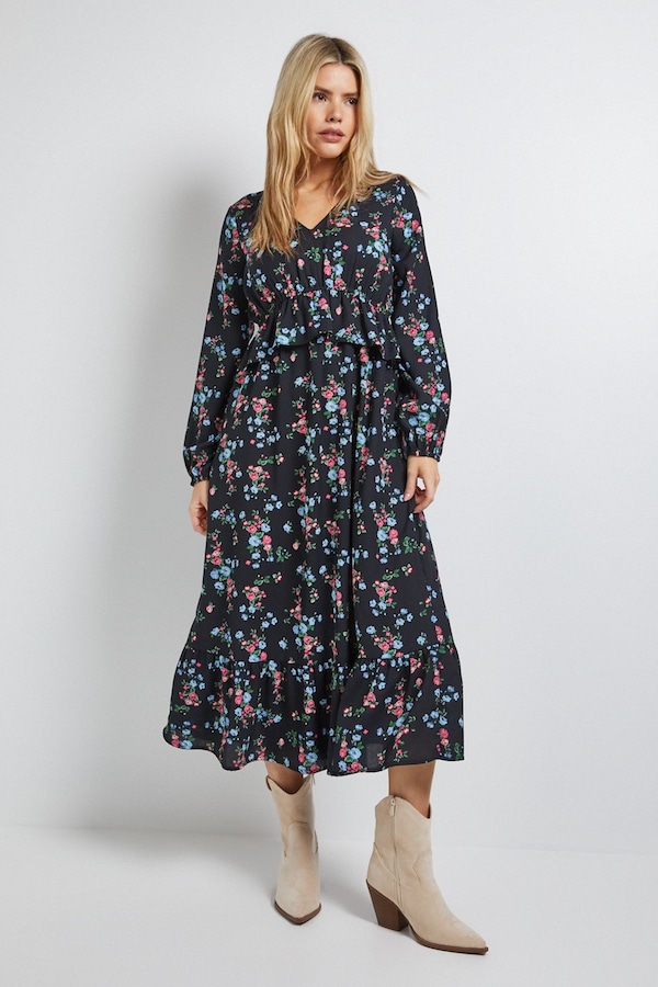 Dorothy Perkins Black Ditsy Shirred Waist Long Sleeve Maxi Dress Black