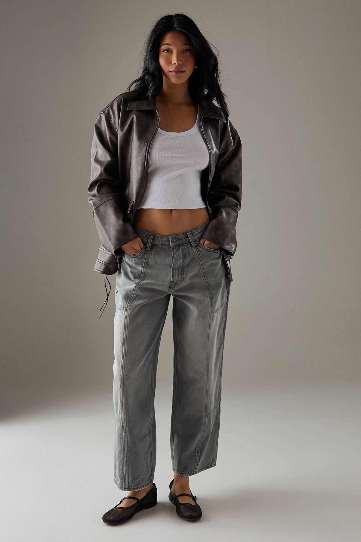 Warehouse Low Waist Denim Jeans With Seam Details Grey image 2