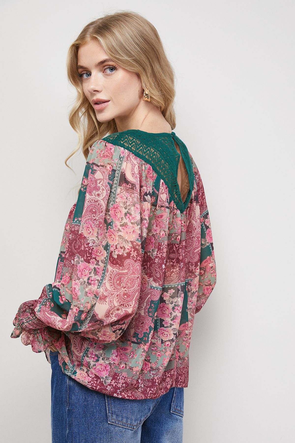 Oasis Printed Lace Yoke Balloon Sleeve Boho Blouse Multi image 3