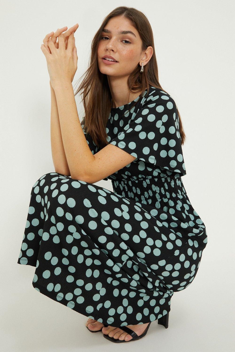 Dorothy Perkins Spot Shirred Waist Short Sleeve Midi Dress Green