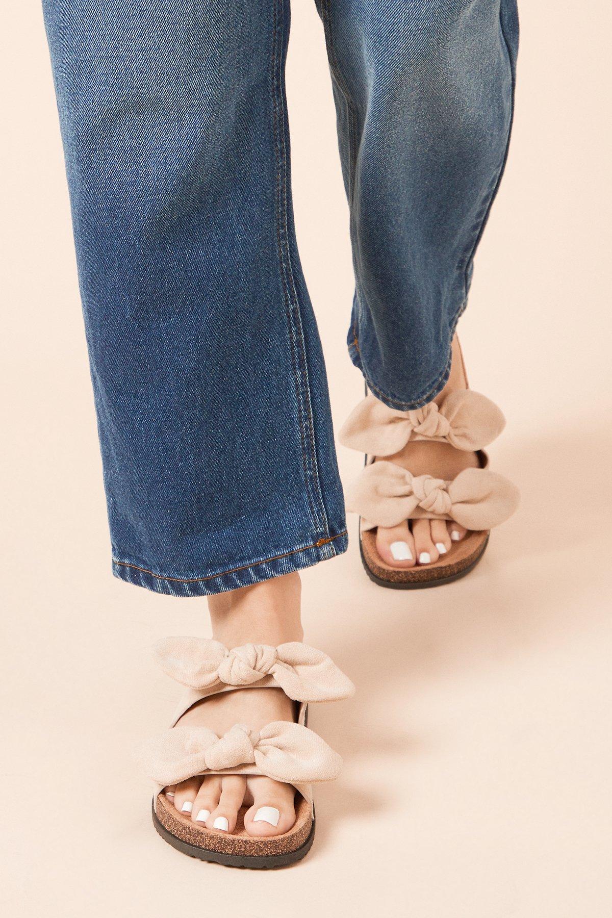 Dorothy Perkins Bryony Faux Suede Double Bow Footbed Sandals Beige image 2