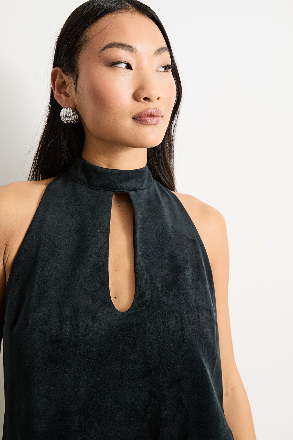 Warehouse Petite Bonded Velvet High Neck Mini Dress Black image 4