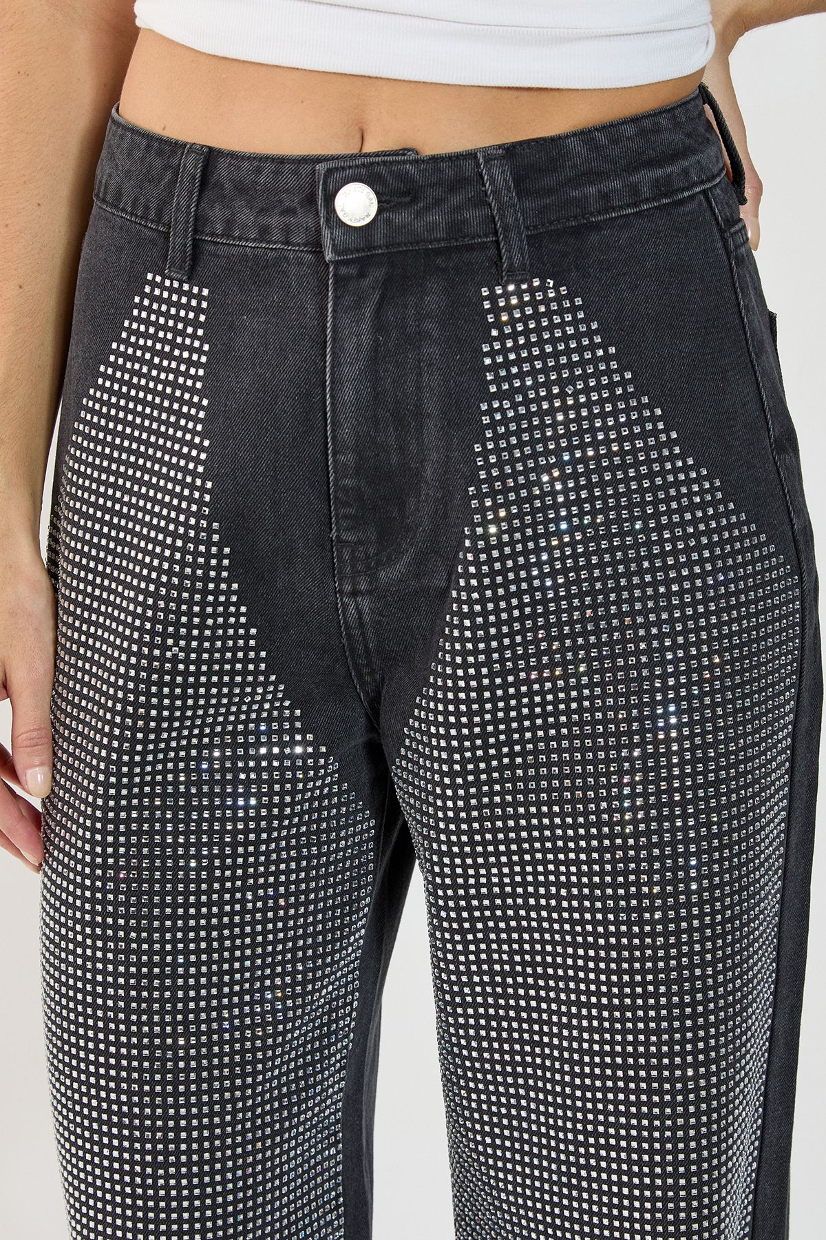 NastyGal Diamonte Denim Chap Jeans Washed Black image 3