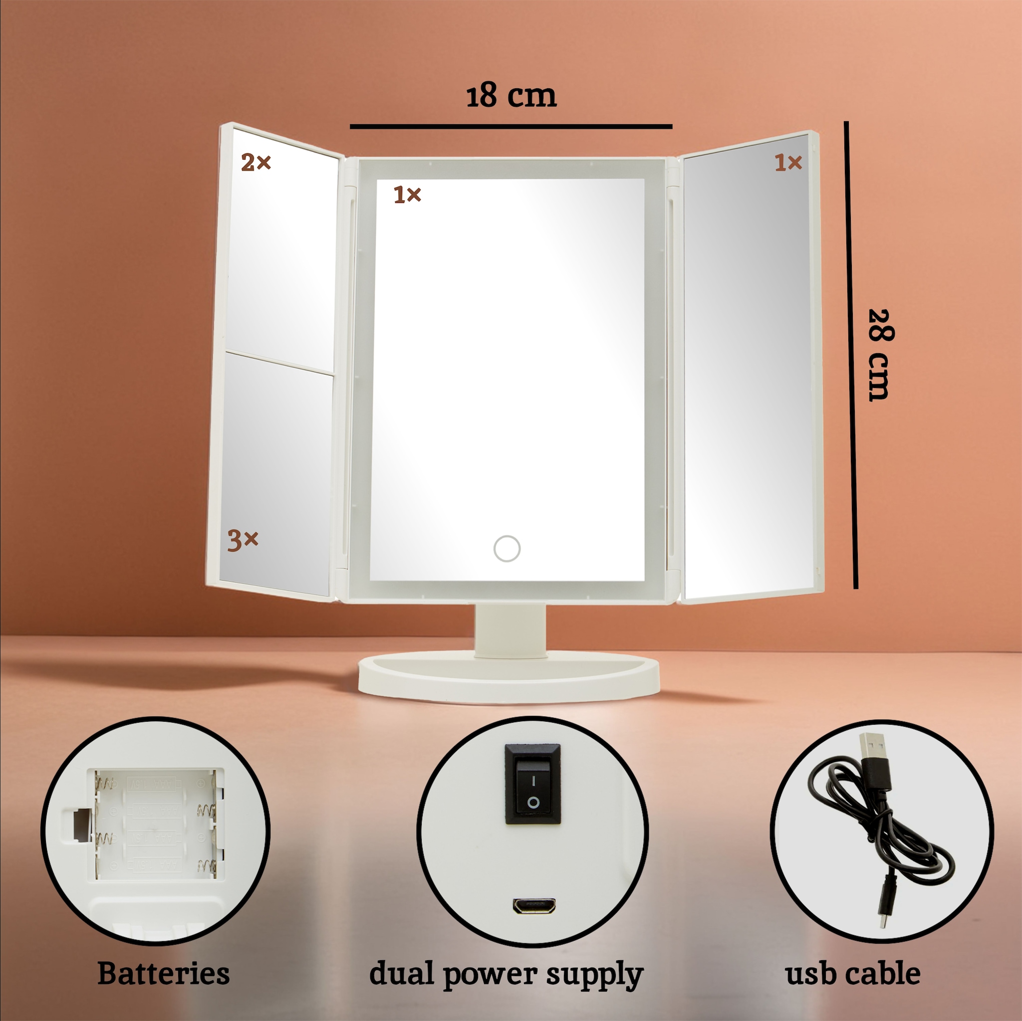 Orsina 180 Degree Rotatable Tri Fold White Table Mirror, TriFold Design Table Mirror, Versatile Small Table Mirror image 3