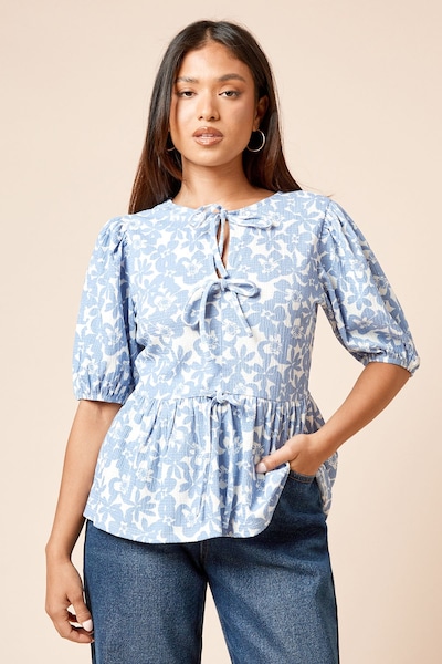 Dorothy Perkins Petite Floral Bow Tie Front Puff Sleeve Jersey Top Blue