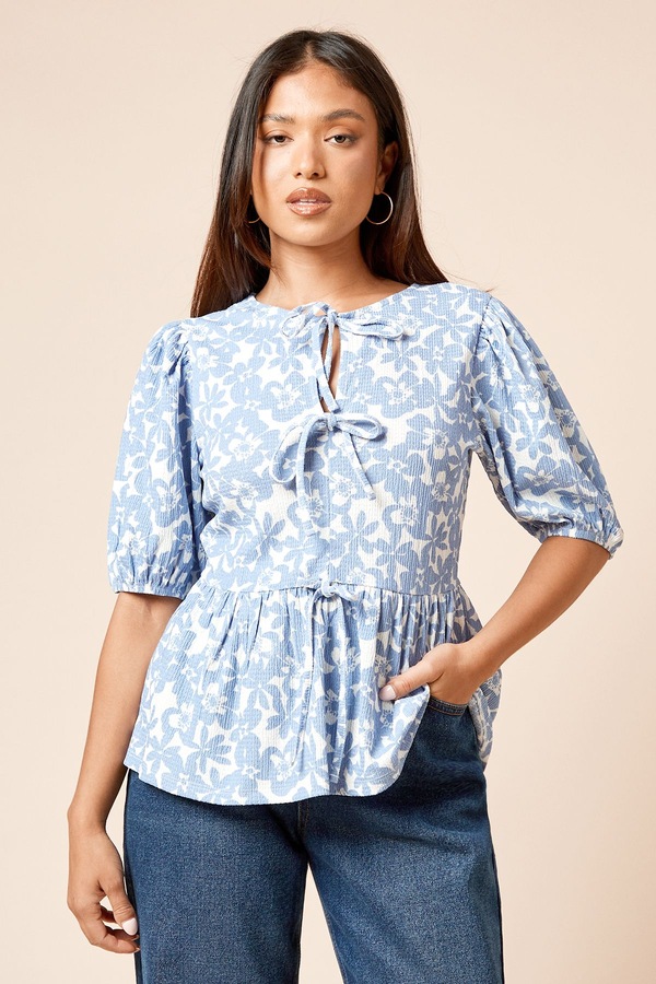 Dorothy Perkins Petite Floral Bow Tie Front Puff Sleeve Jersey Top Blue