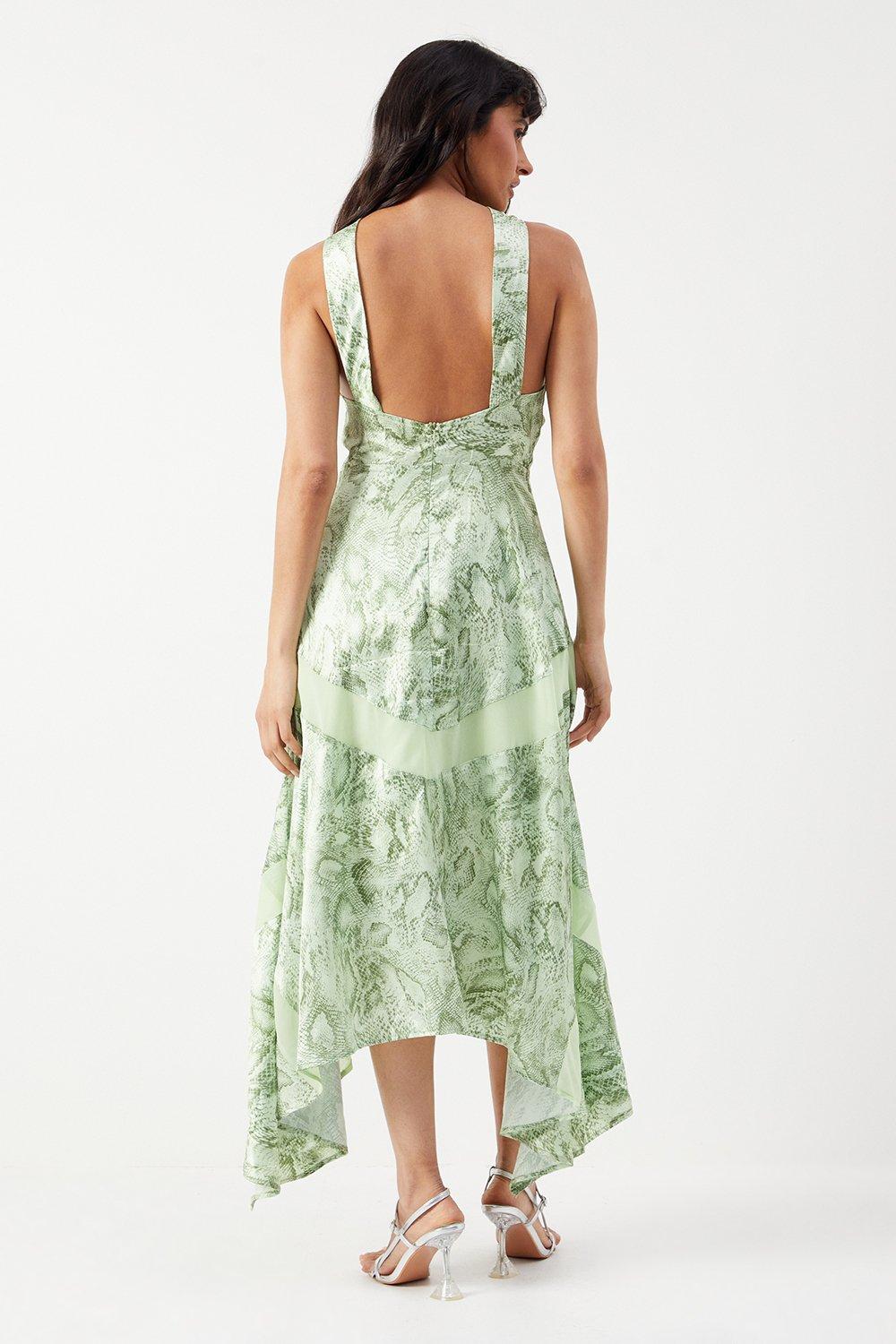 Warehouse Snake Print Satin Cross Front Chiffon Insert Hanky Hem Midi Dress Lime image 3