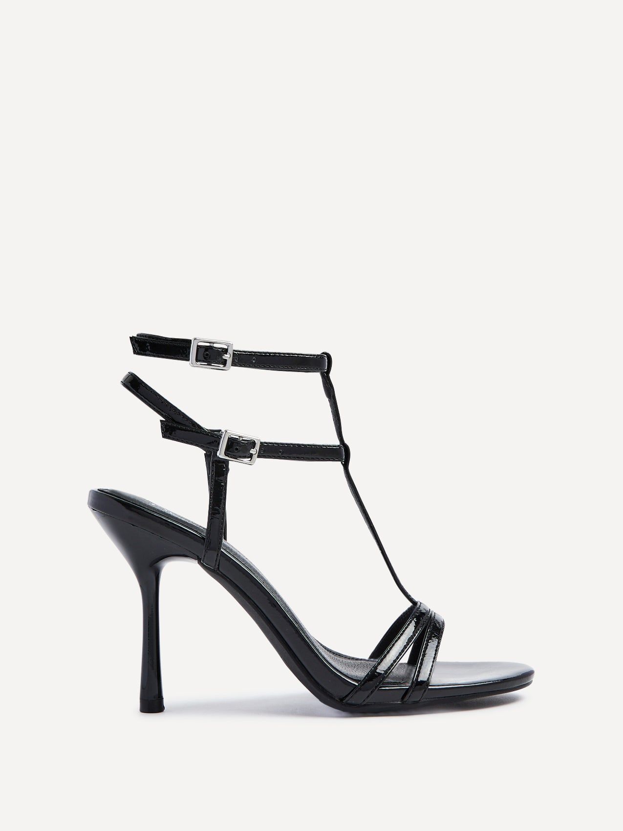 Linzi Jada Black Patent T-Bar Strappy Stiletto Heels image 1