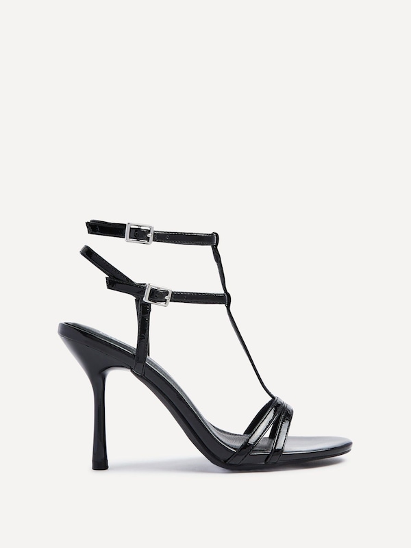 Linzi Jada Black Patent T-Bar Strappy Stiletto Heels