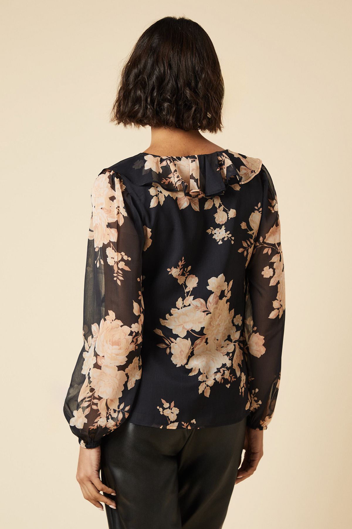 Dorothy Perkins Ochre Floral Chiffon Ruffle Neckline Long Sleeve Blouse Black image 3