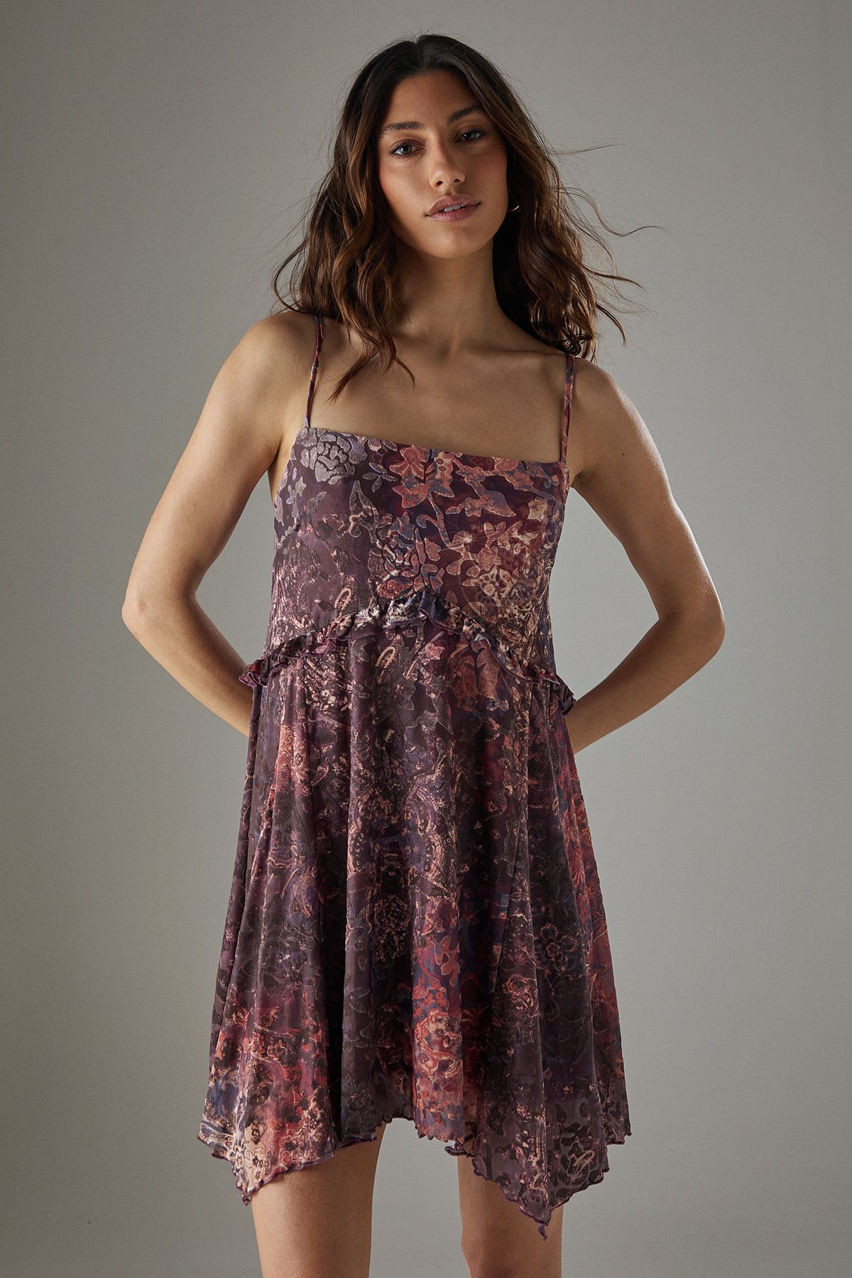 Warehouse Paisley Devore Strappy Godet Mini Sundress Rust image 2
