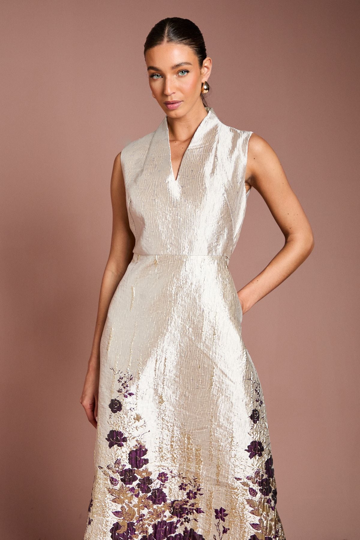 Coast Notch Neck Floral Border Print Jacquard Midi Dress Champagne image 2