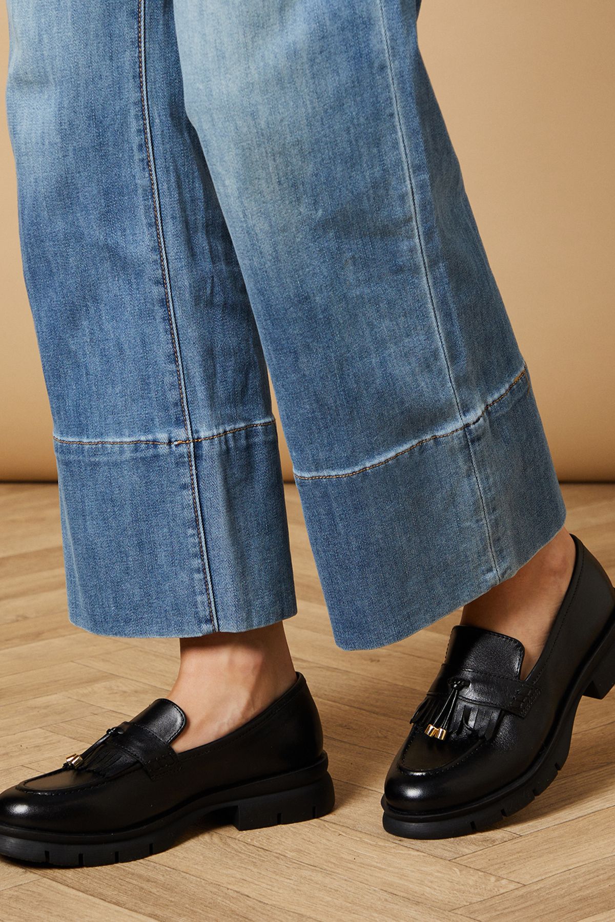 Oasis Brooke Real Leather Tassel Detail Chunky Loafers Black image 1