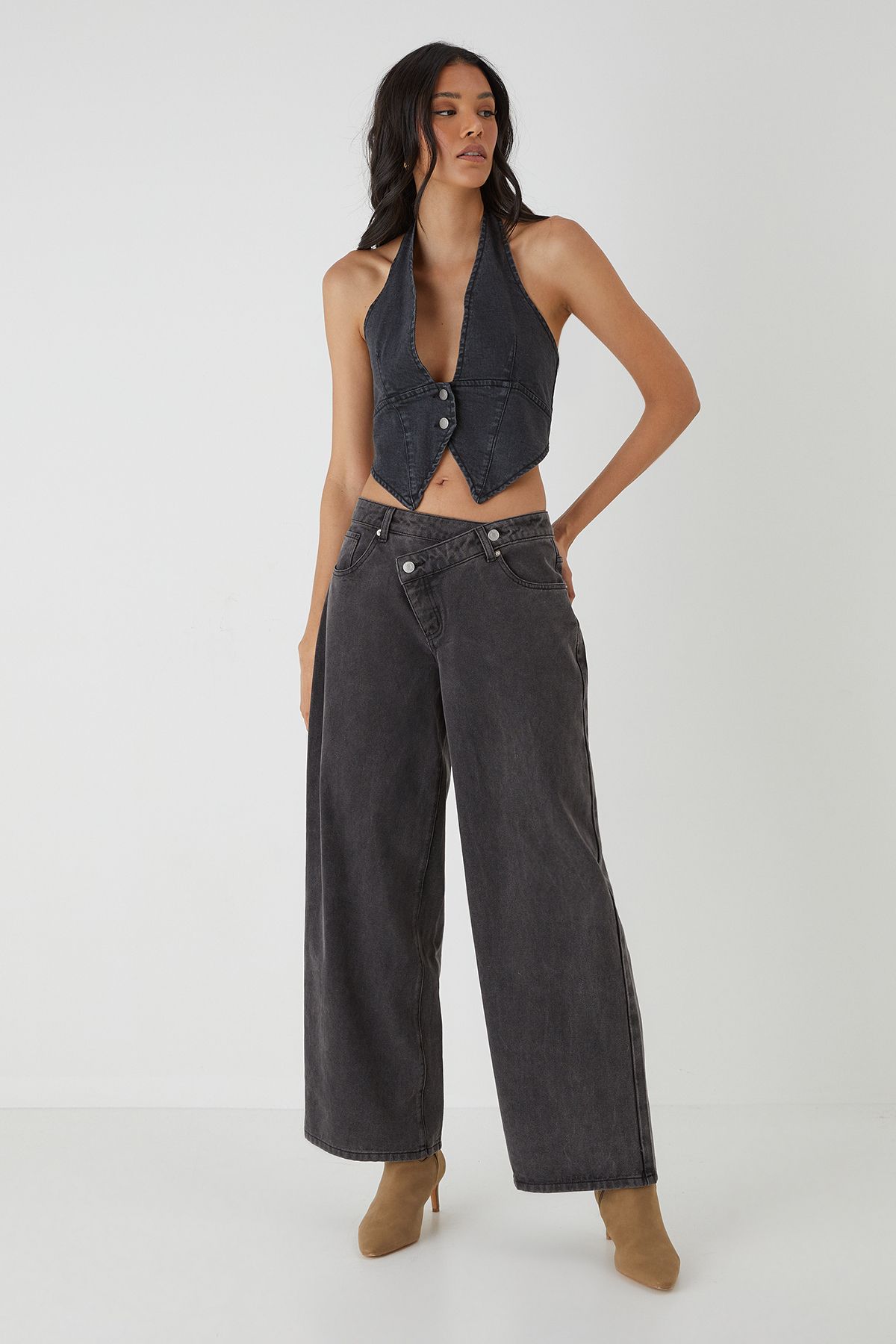 MissPap Button Front Halterneck Denim Top Washed Black image 3