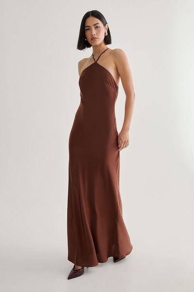 NastyGal Satin Halter Neck Cowl Back Maxi Dress Chocolate