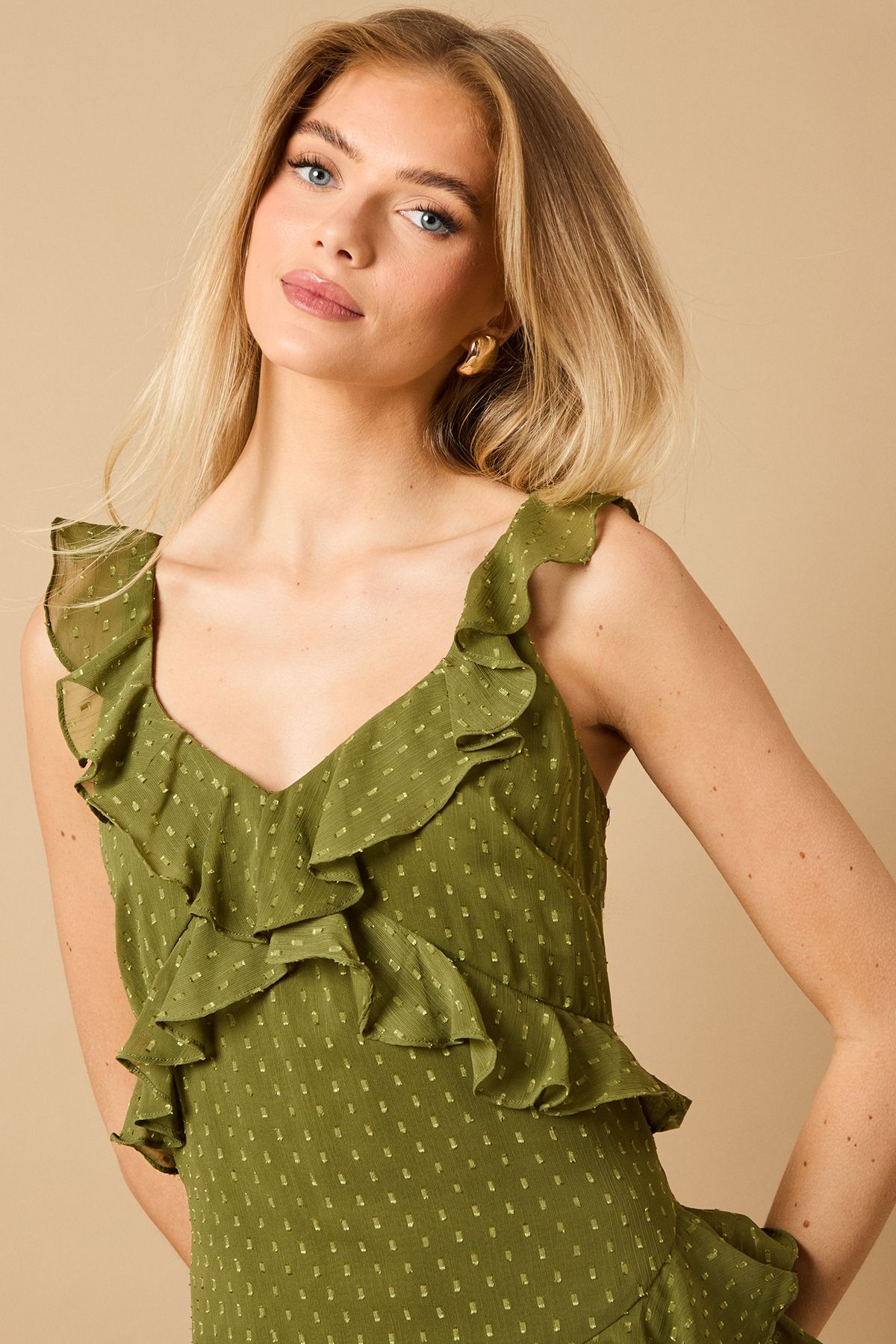 Oasis Dobby Ruffle V Neck Tiered Midi Dress Khaki image 3