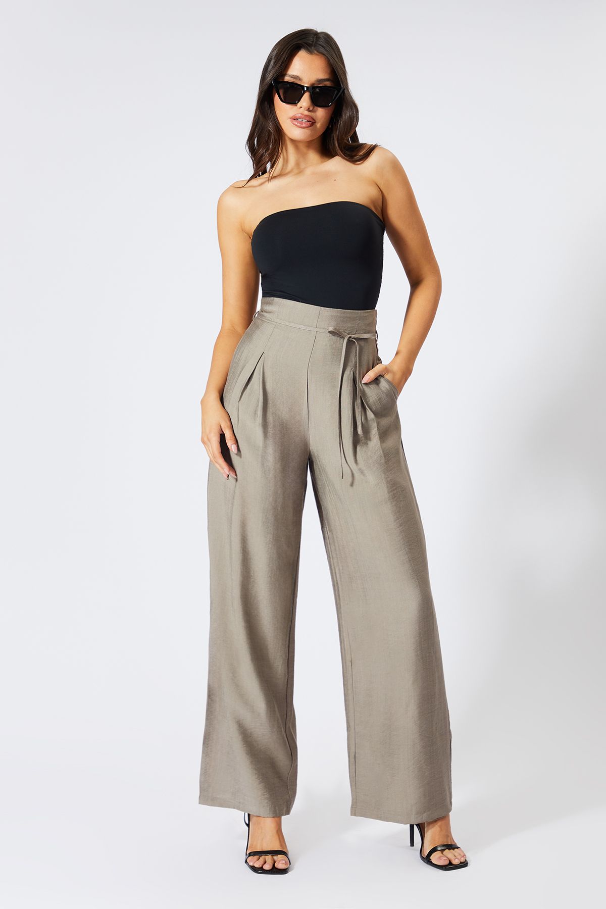 MissPap Linen Look Wide Leg Paper Bag Waist Trousers Taupe image 1