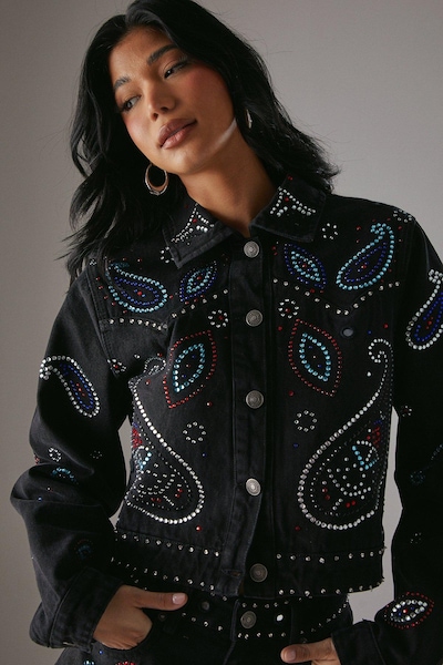 Warehouse Paisley Embellished Denim Hot Pant Shorts Washed Black