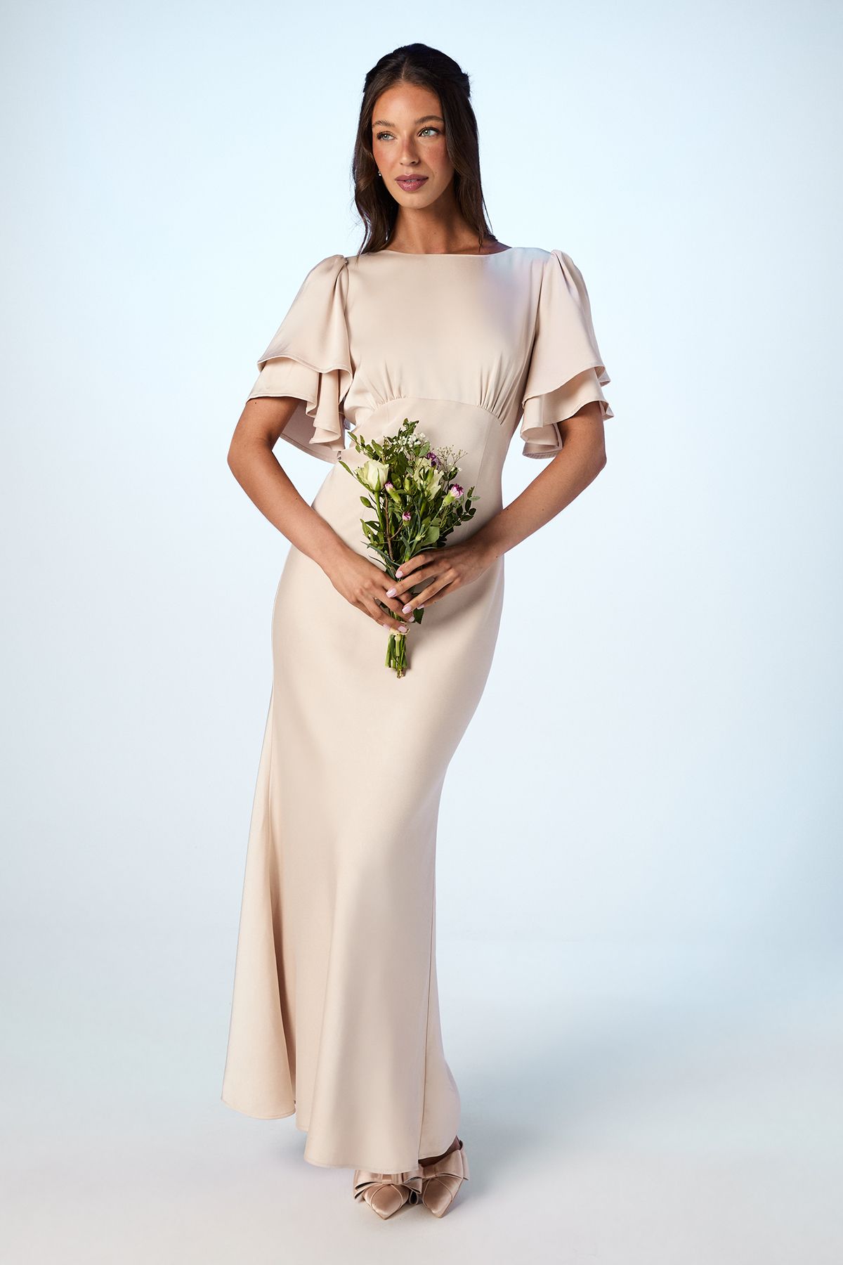 Coast Coast Honoured Satin Back Crepe High Neck Short Sleeve Maxi Bridesmaid Dress Champagne image 1