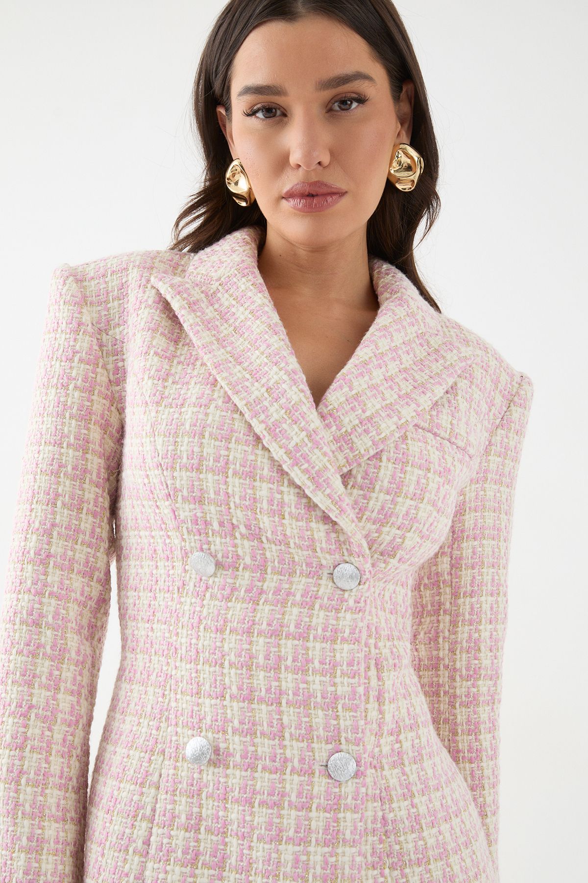 MissPap Premium Boucle Cinched Waist Blazer Mini Dress Pink image 4
