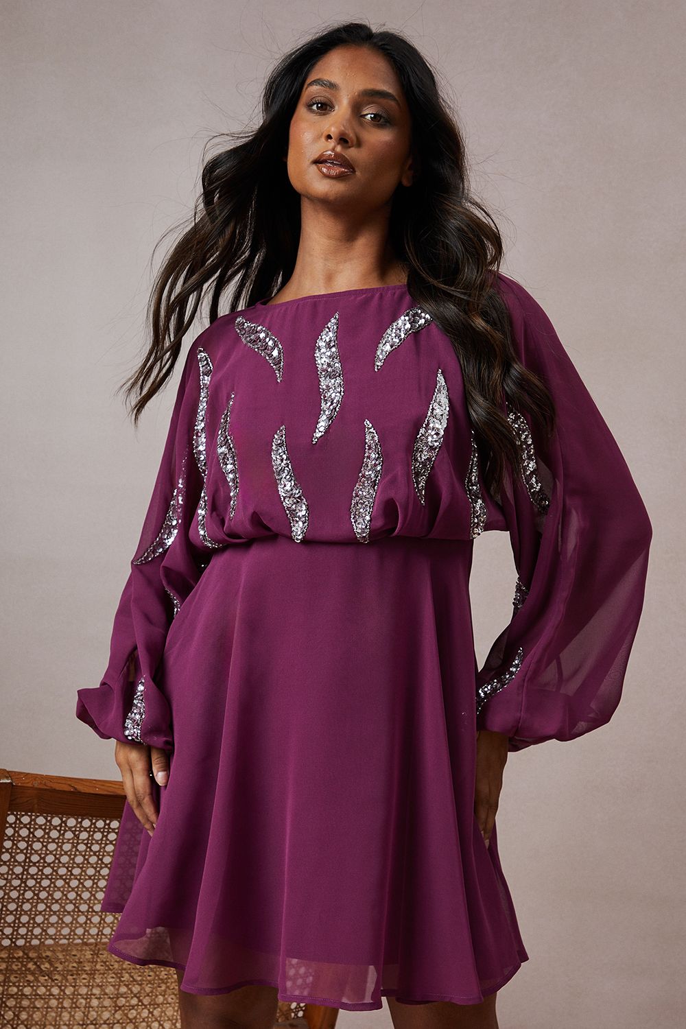 Oasis Occasion Embellished Batwing Mini Dress Berry image 4