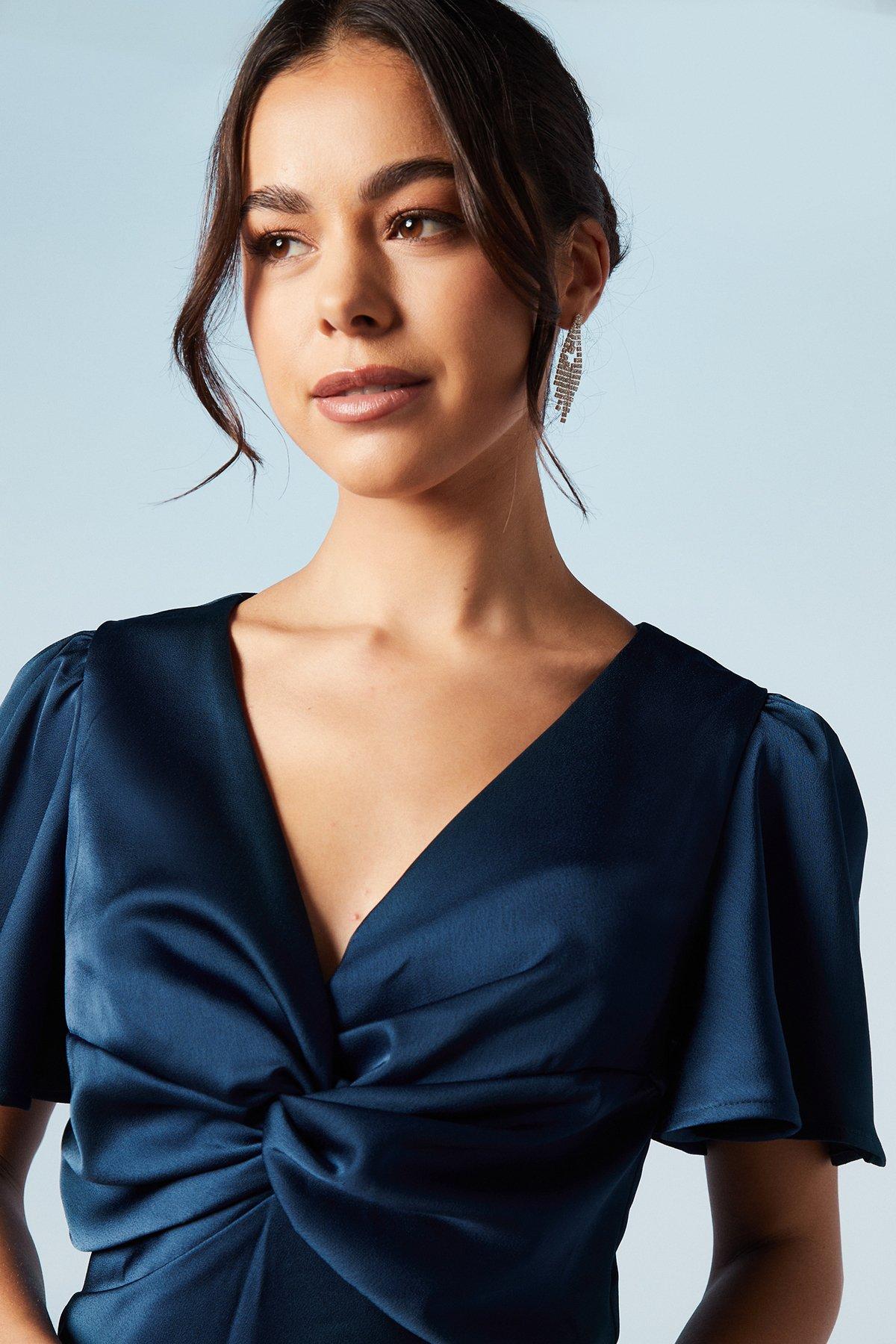 Oasis Satin Twist Front Angel Sleeve Midi Bridesmaids Dress Navy image 2