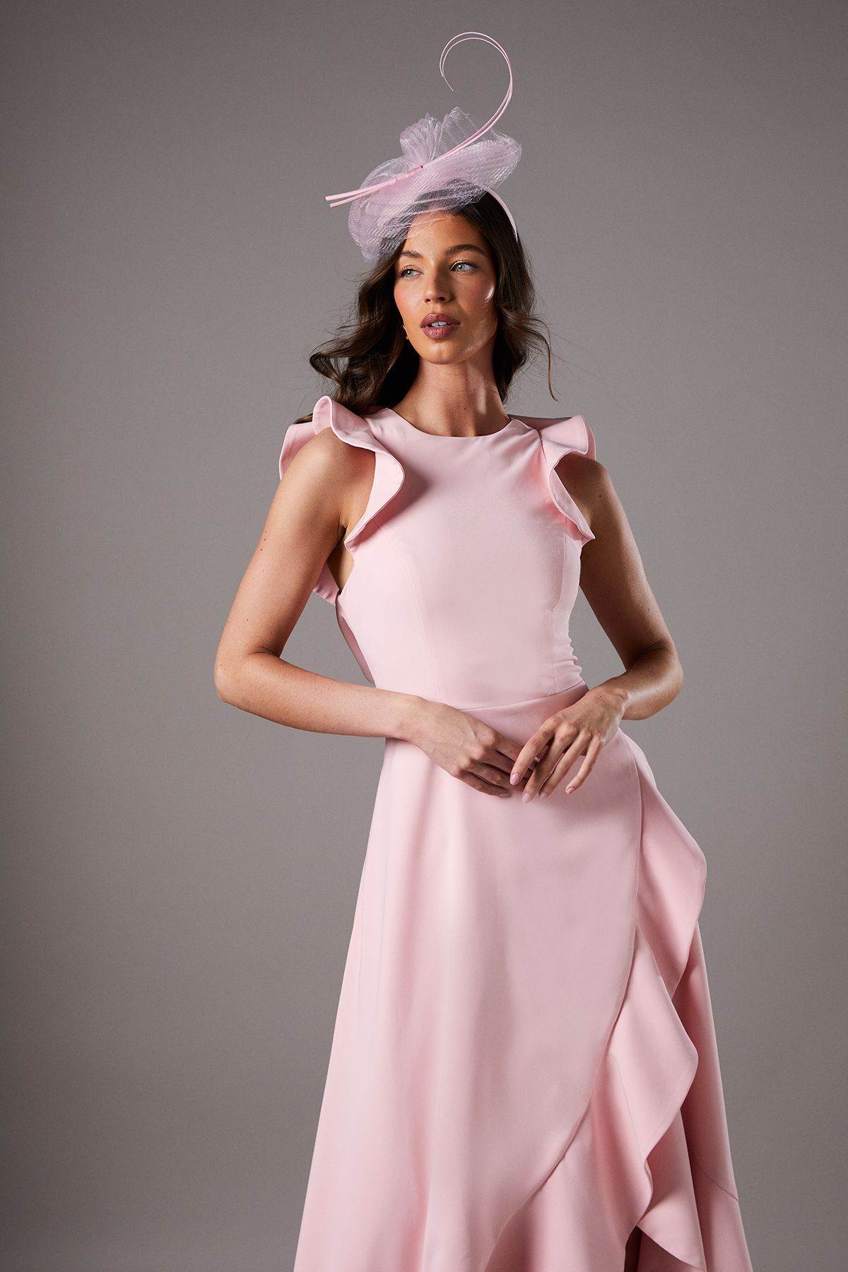 Coast Lisa Tan Ruffle Round Neck Crepe Midi Dress Blush image 2