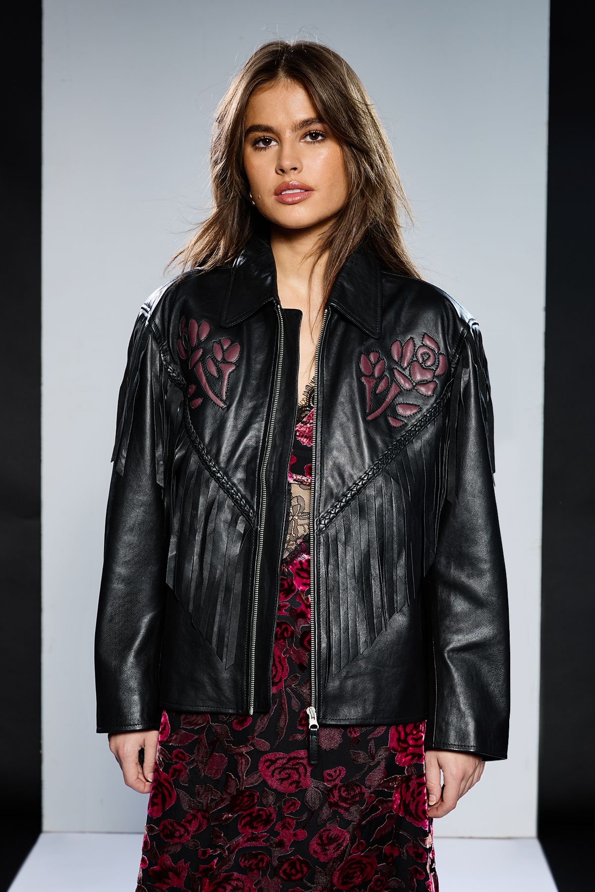 RUNWAY 1.8.1.8 Runway 1.8.1.8 Leather Rose Detail Fringed Jacket Black image 2
