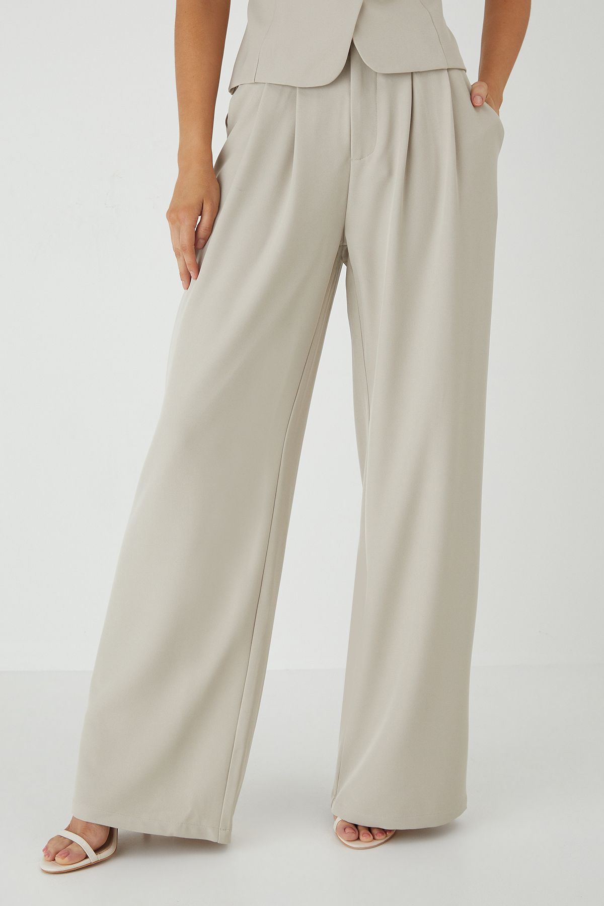 MissPap Tailored Wide Leg Pleat Detail Trousers Stone image 2