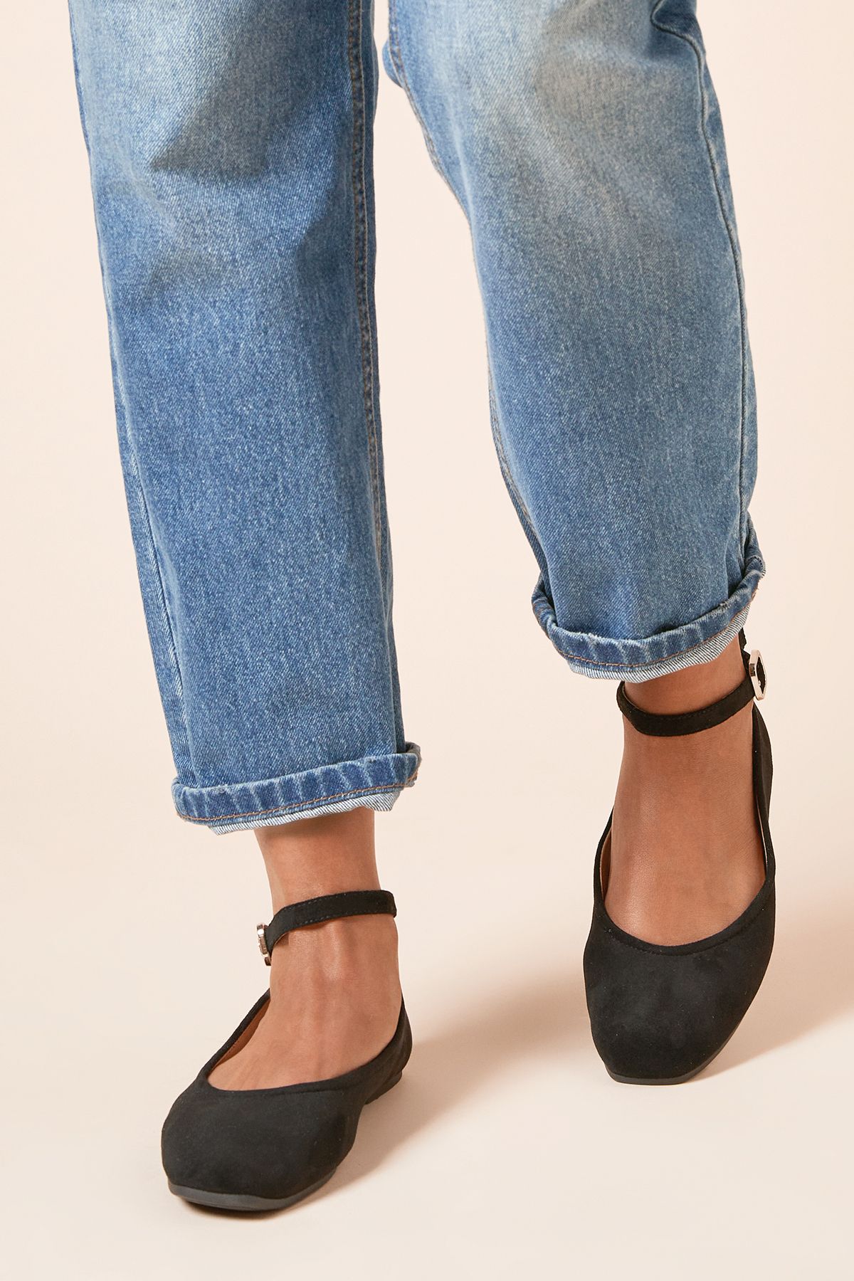 Dorothy Perkins Paula Faux Suede Square Toe Ankle Strap Ballet Pumps Natural Black image 3