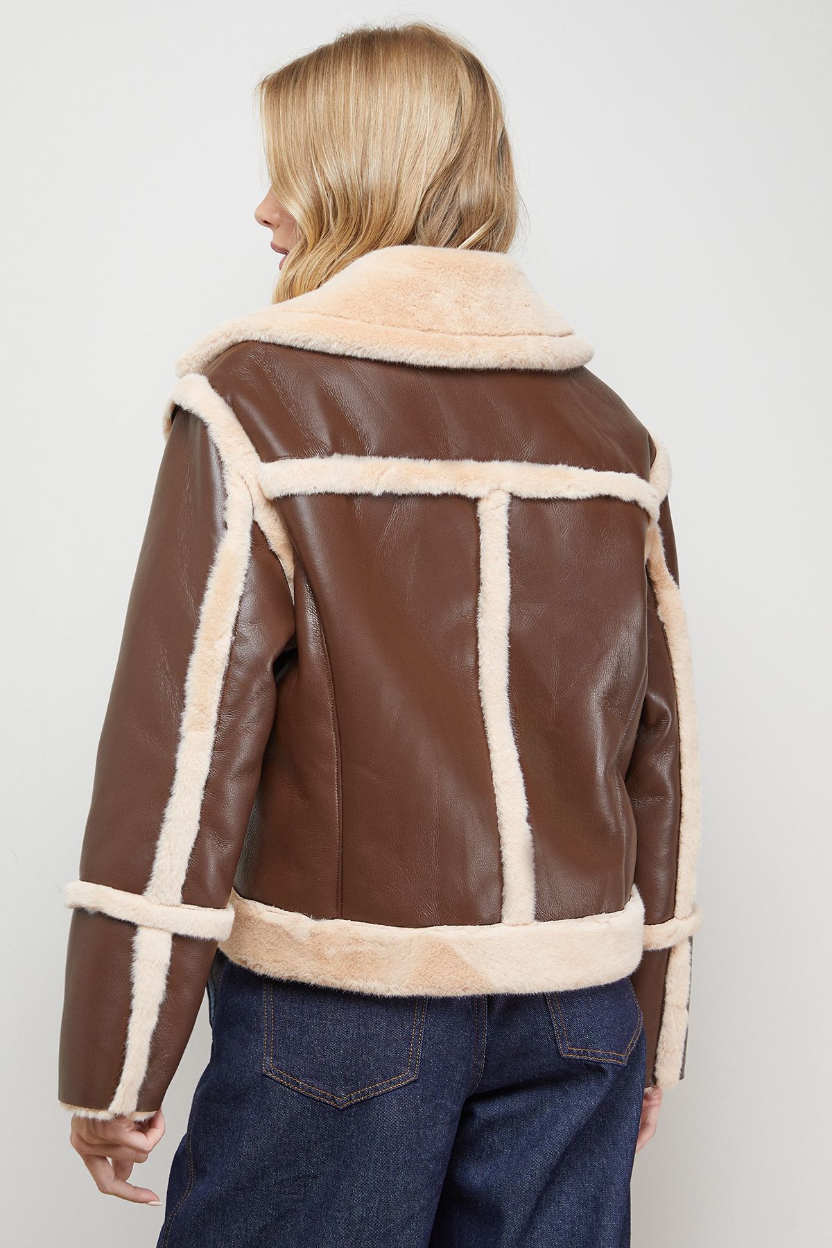Oasis Shearling PU Aviator Jacket Chocolate image 3