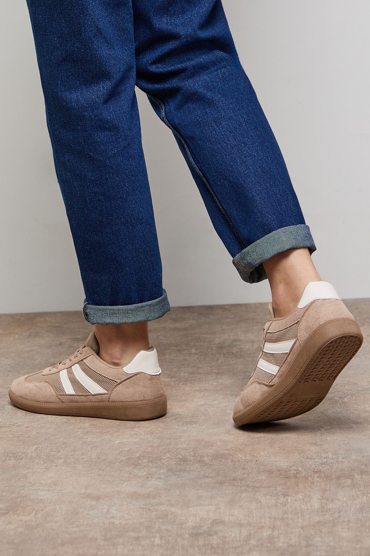 Oasis Jenna Faux Suede Mesh Detail Lace Up Trainers Beige image 4