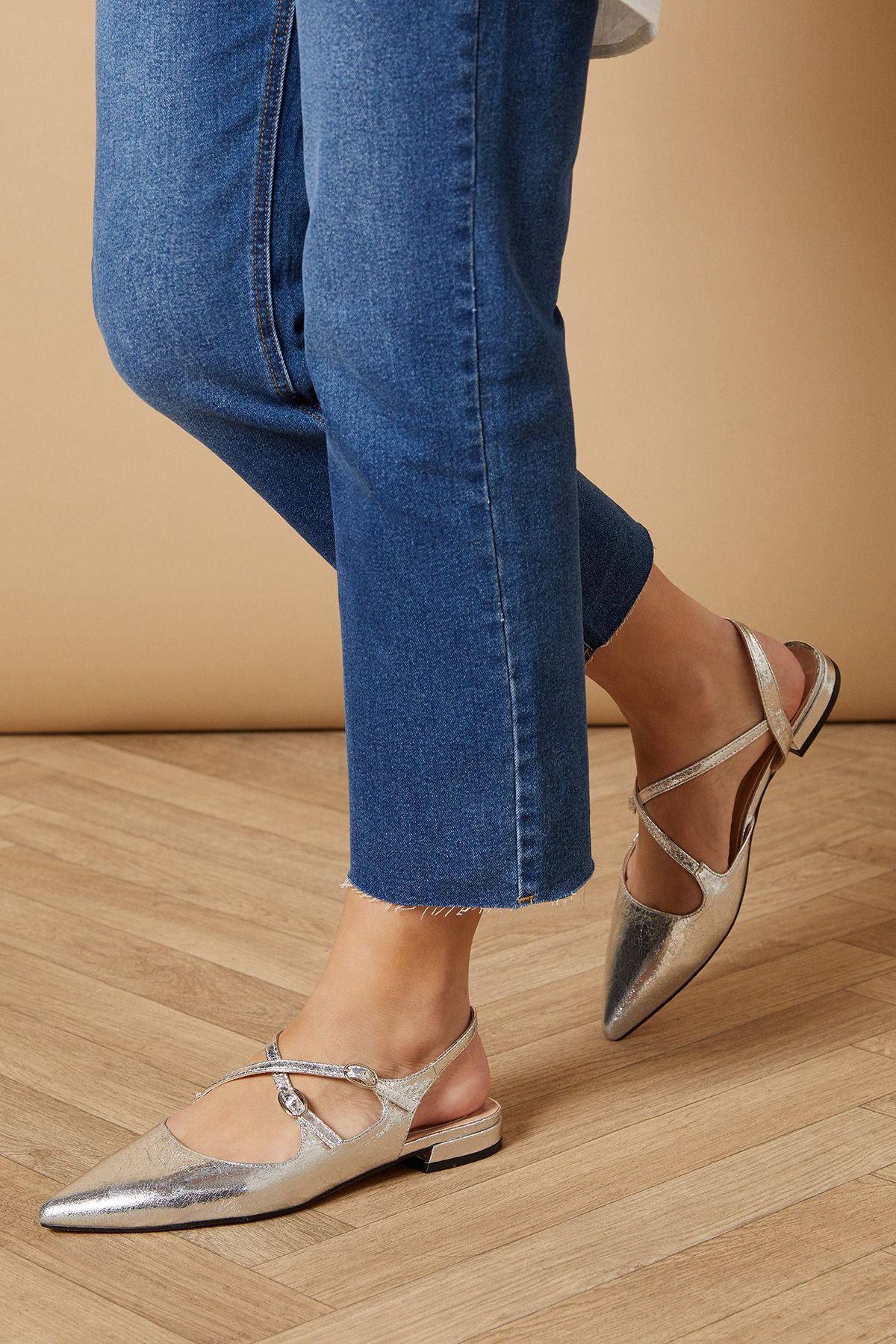 Oasis Anthea Faux Leather Pointed Cross Strap Flat Ballet Pumps Silver image 2