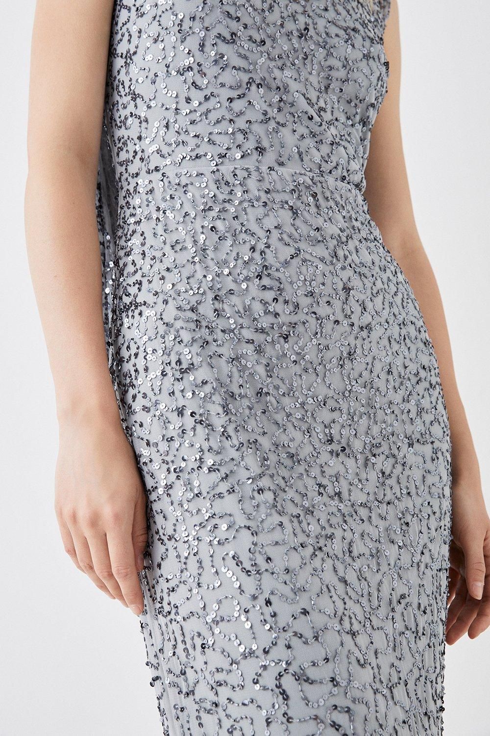 Coast Draped Cowl Back Sequin Black Tie Maxi Dress Silver Grey image 2