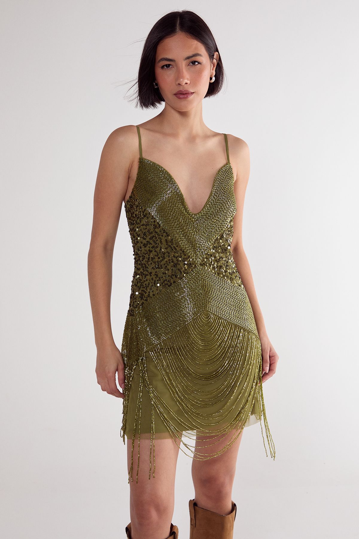 NastyGal Olive Mix Sequin Loop Tassel Wired Plunge Mini Dress PLT
