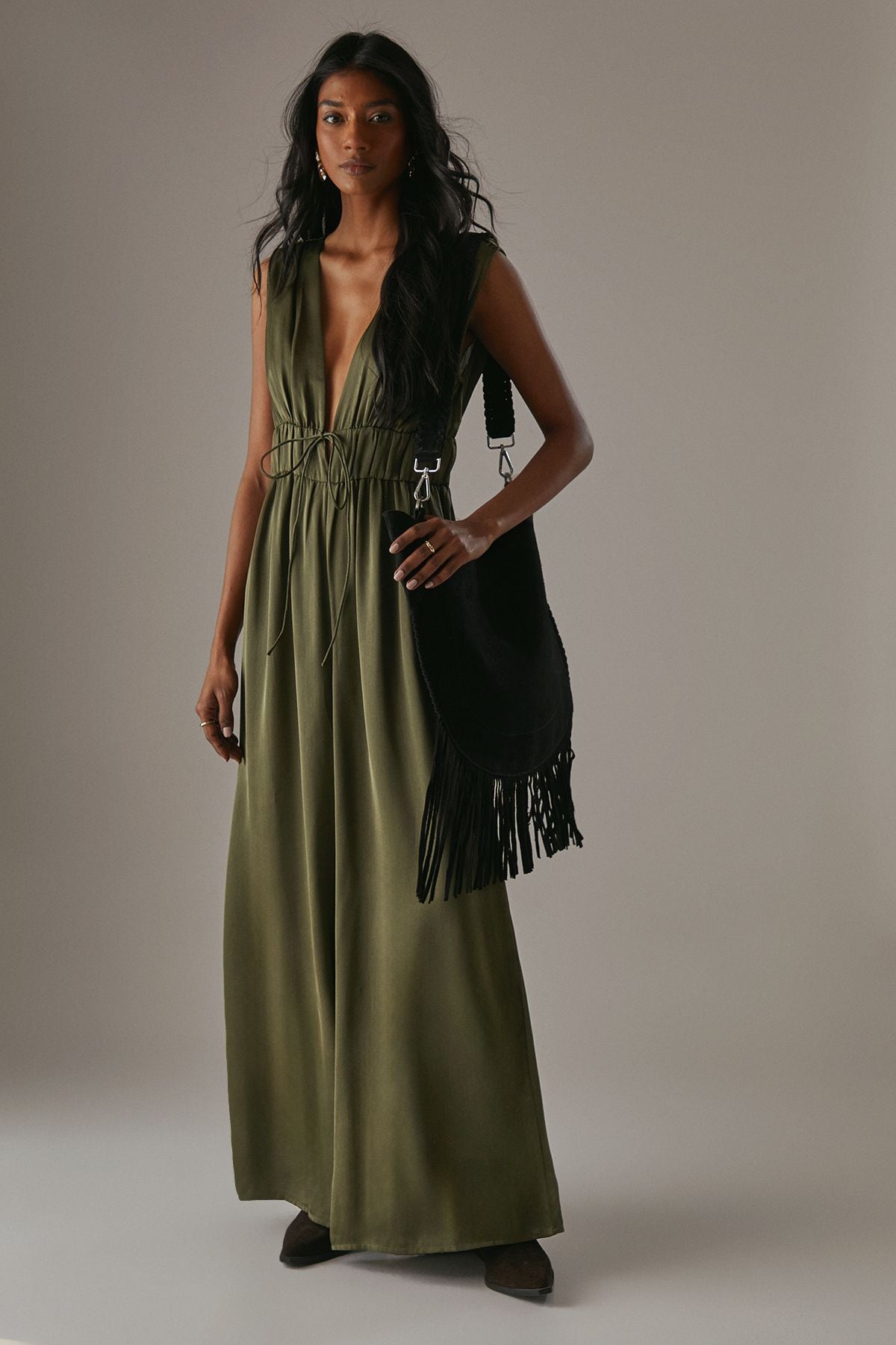 Warehouse Crinkle Satin Plunge Neck Tie Detail Jumpsuit Khaki image 1