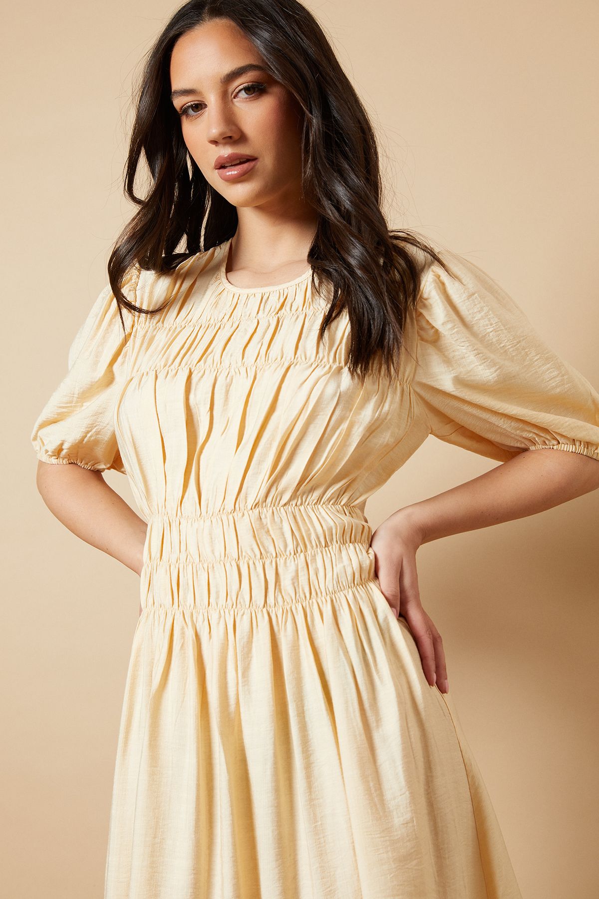 Oasis Shirred Bodice Puff Sleeve Midi Dress Yellow image 4